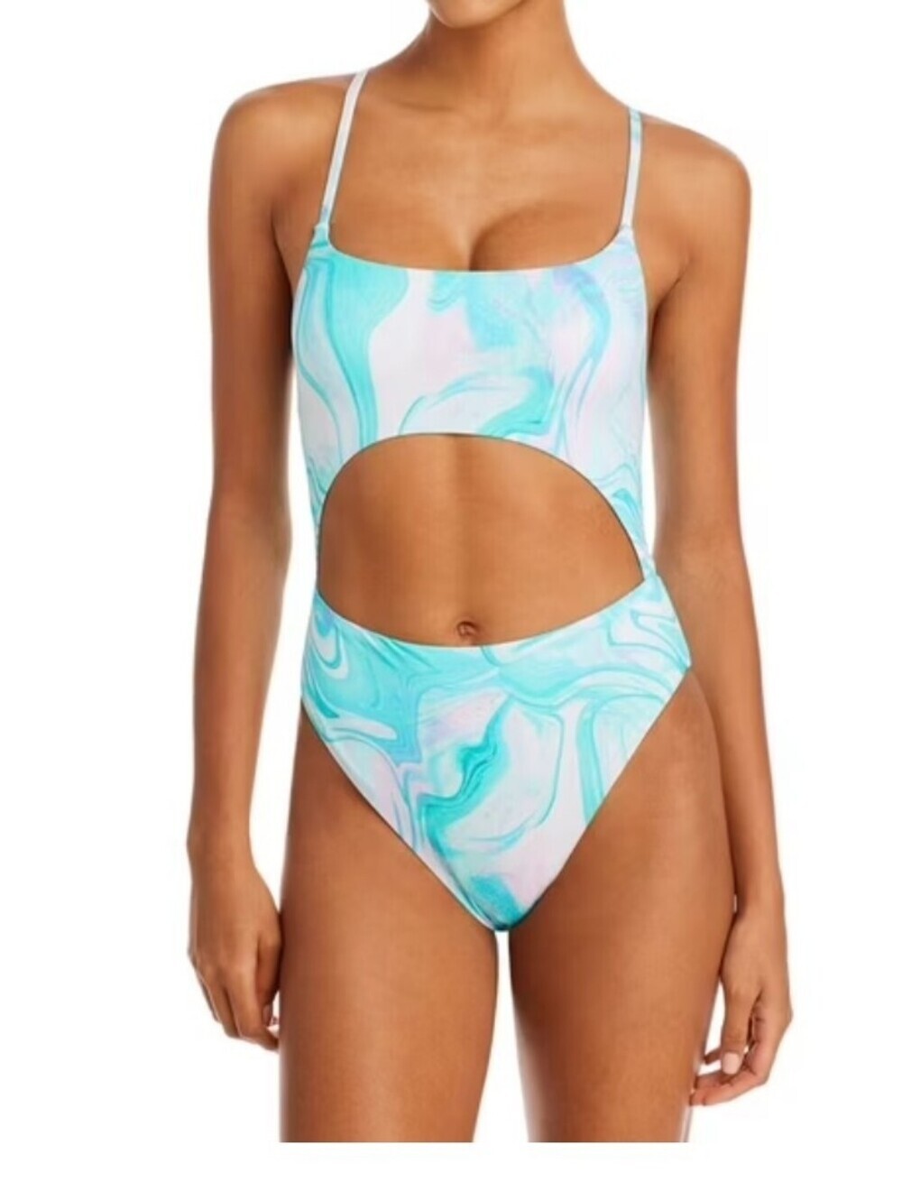 Aqua Marble Cutout One-Piece Swimsuit in Aqua and White